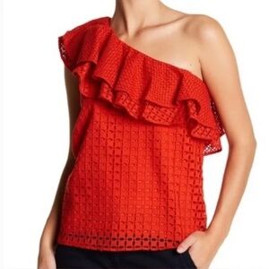 J. Crew One Shoulder Ruffle Top Red Orange Eyelet Sz 8 Vibrant